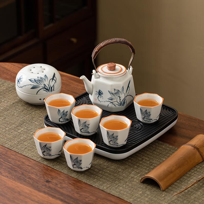 金镶玉手绘咏荷陶瓷旅行带盘茶具茶具家用便携式小套装喝茶户外陶
