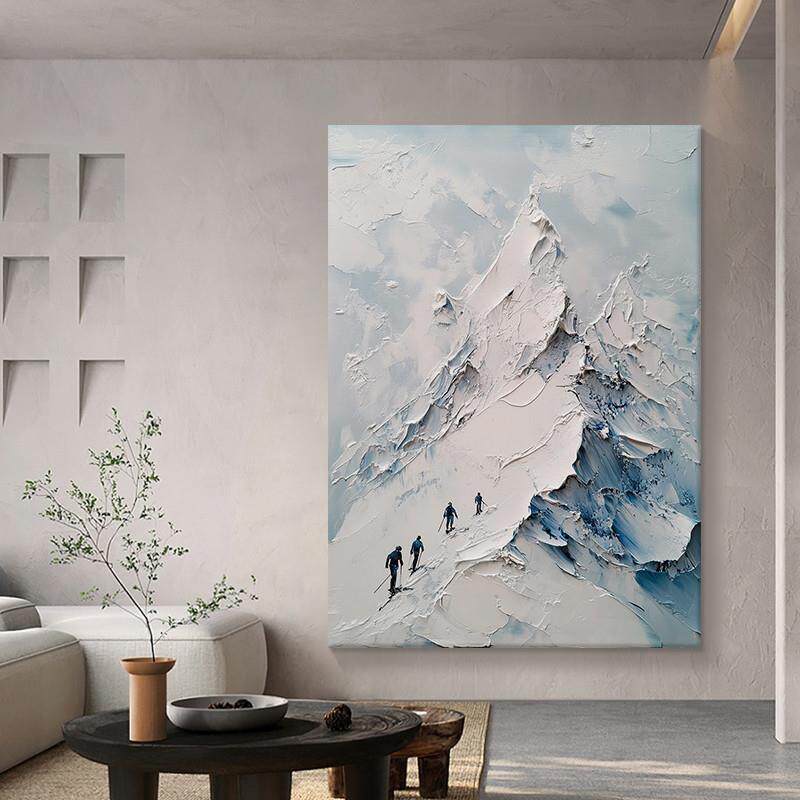 立体肌理感抽象雪山手绘油画寒峰攀登者客厅装饰画玄关墙风景挂画
