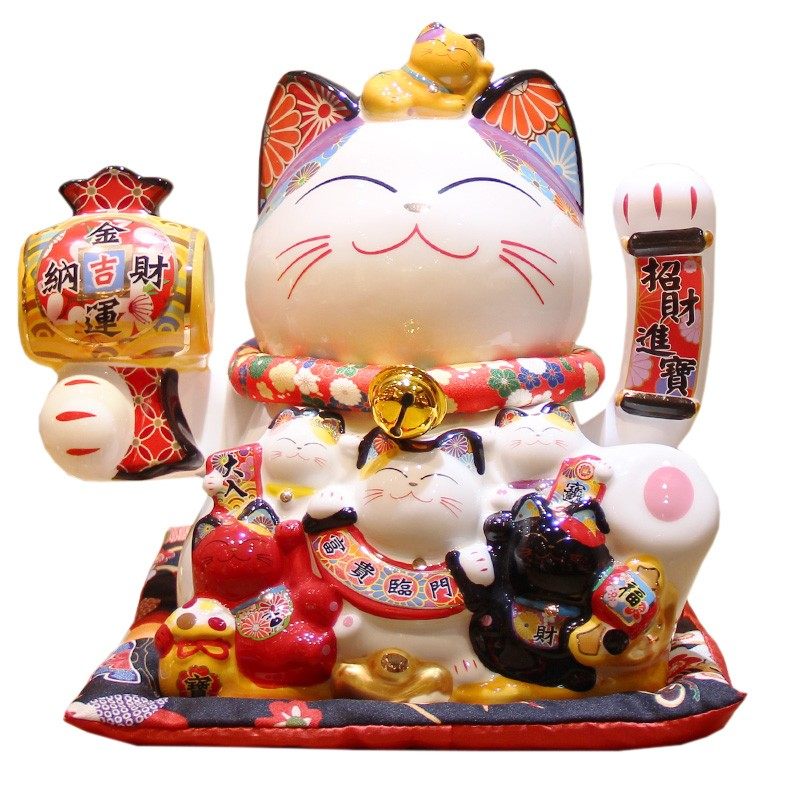 新款摇手招财猫摆件 可电池插电 商铺开业送礼乔迁家用发财猫陶瓷