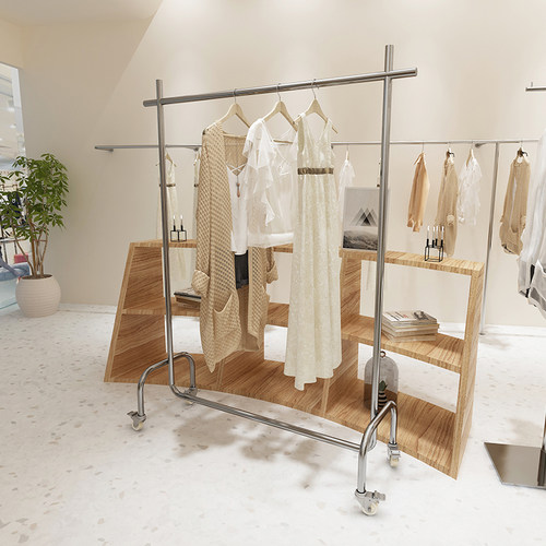 服装店展示架不锈钢女装店专用货架中岛挂衣架带轮子落地式衣架