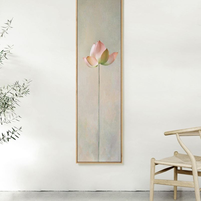新中式长条墙面装饰莲花挂画禅意荷花装饰画茶室玄关背景墙画竖版