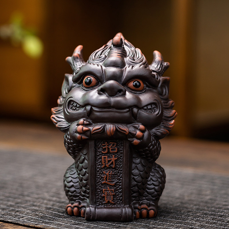 紫陶麒麟茶宠摆件精品可养茶桌茶台摆件鱼缸造景高档招财茶玩茶具