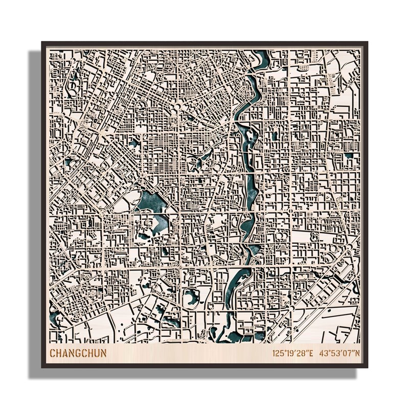 3D木质城市地图木雕地图装饰画摆挂件壁画墙画手工艺长春