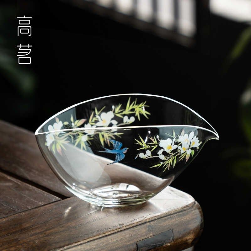 贴花耐热玻璃公道杯一叶扁舟分茶器茶海船型透明家用公杯泡茶匀杯