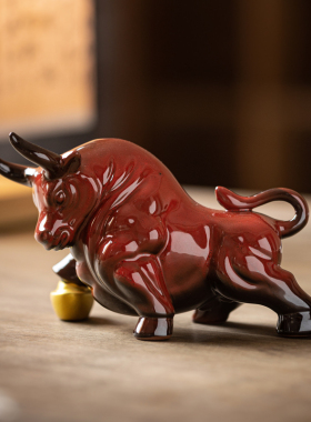 陶瓷红色牛小摆件牛气冲天家居招财装饰品办公室吉祥物生肖牛礼品