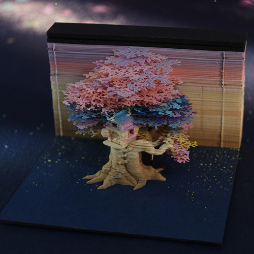 3D立体纸雕便签纸2026日历樱花树屋手撕模型便利贴艺术创意礼物