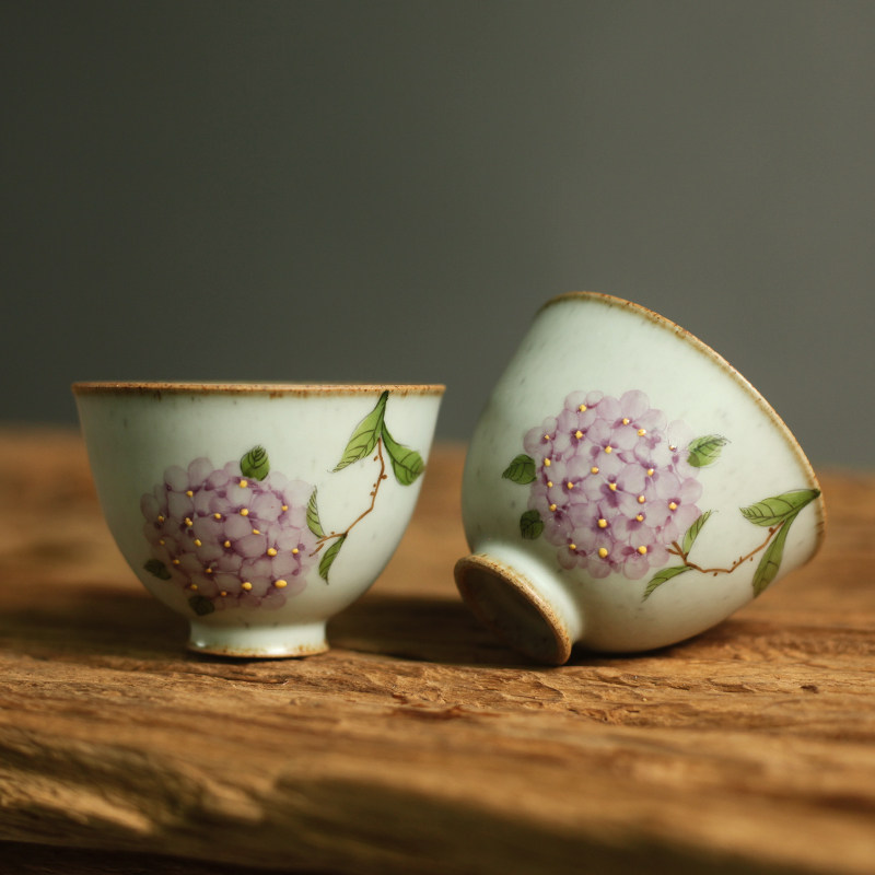 景德镇粗陶全手绘绣球花荷花莲花茶杯品茗主人杯功夫茶具陶瓷单杯