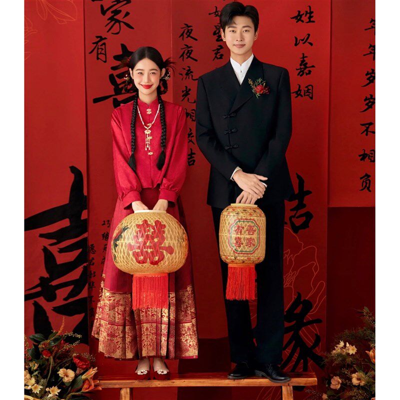 中式喜嫁秀禾婚纱摄影道具古风影楼拍照装饰创意竹编喜字灯笼摆件