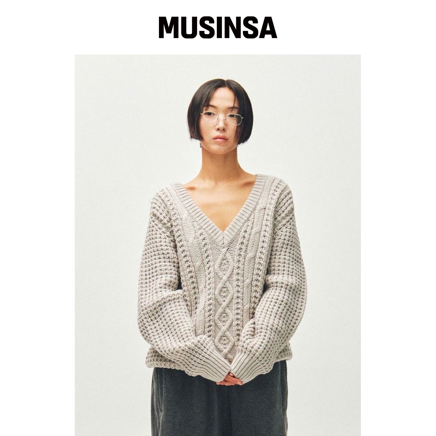 PLZPROJECT CABLE FISHERMAN V-NECK 针织衫，浅韩国官网直邮进口图片