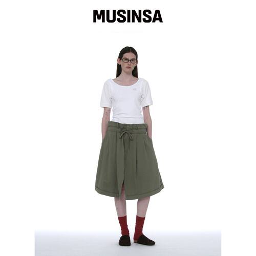 PARTIMENTO WOMEN 折叠腰中长裙_卡其绿 MUSINSA韩国官网直邮进口