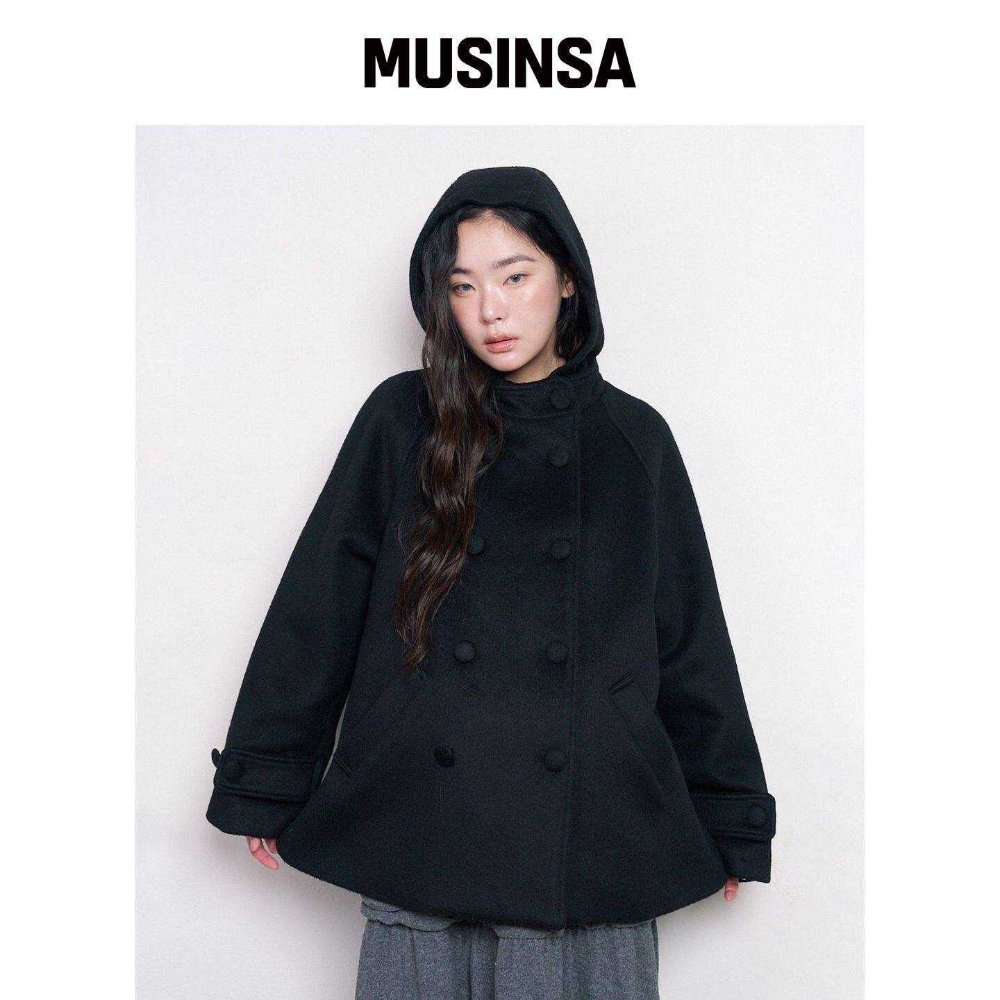 HUG YOUR SKIN 大衣连帽外套秋冬黑色MUSINSA韩国官网直邮进口