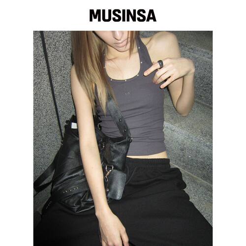 CHICKS 铆钉点条纹挂脖上衣 深灰色 MUSINSA韩国直邮官方正品