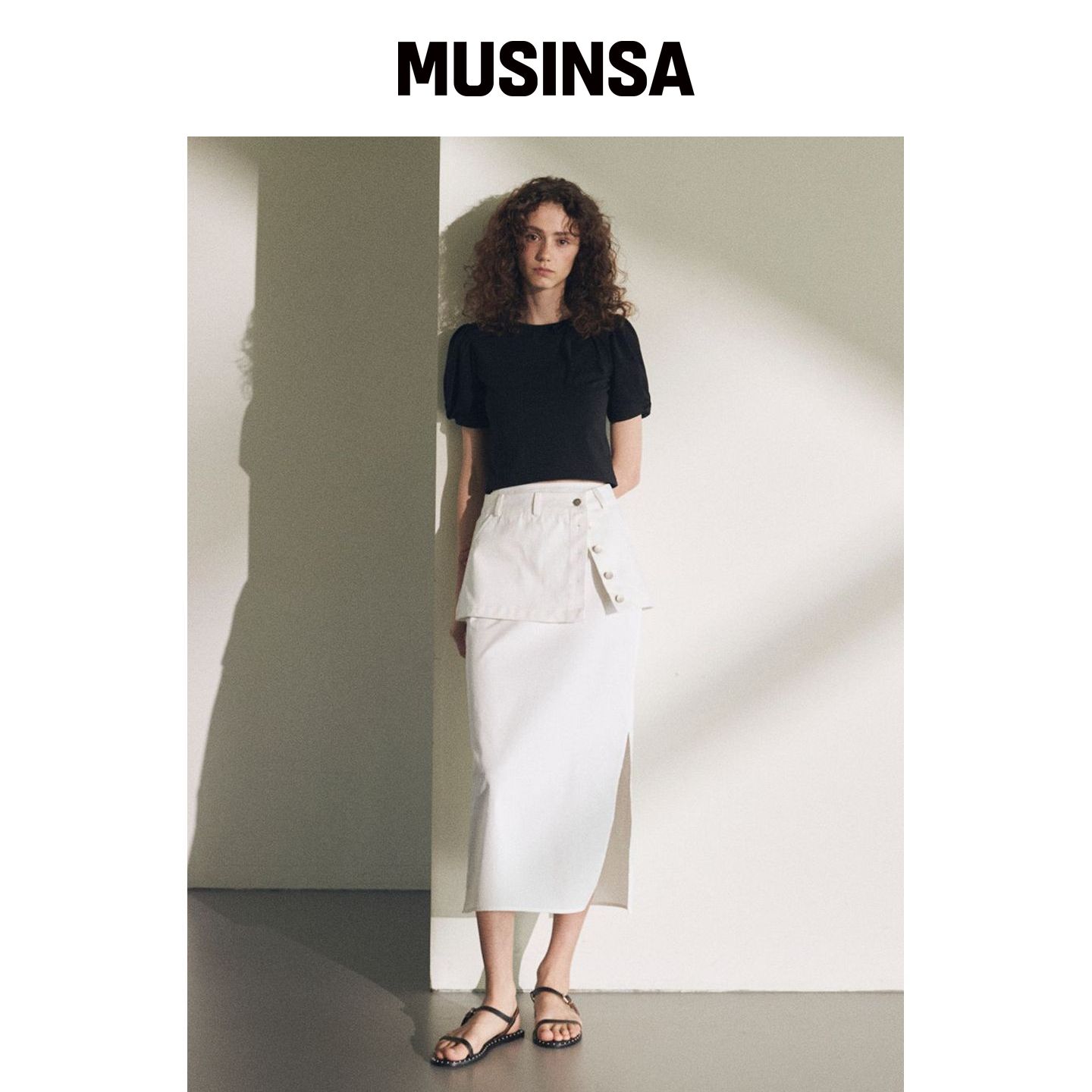 OUEL MINI DENIM & LONG COTTON SKIRT SET_WHIT韩国官网直邮进口图片
