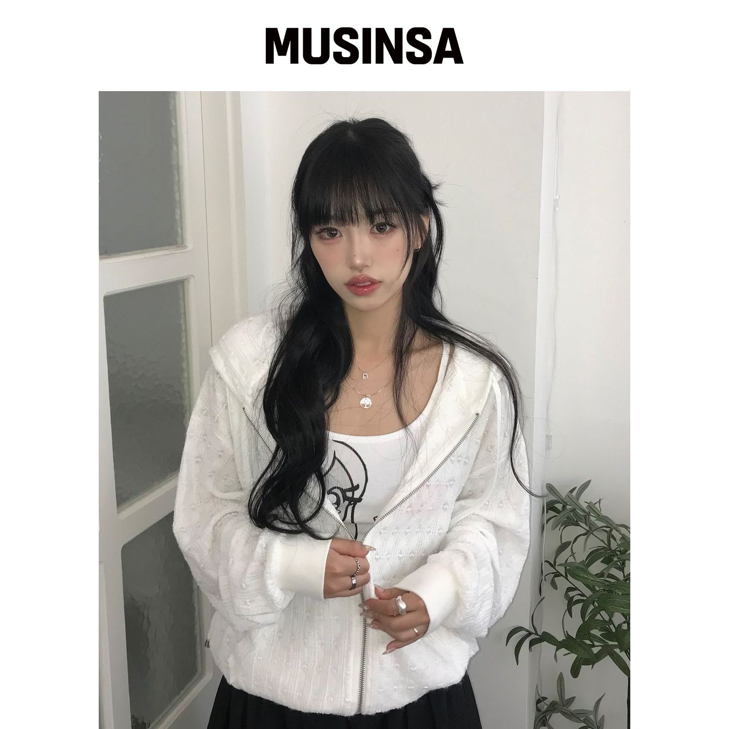 YOUHEE 蕾丝连帽拉链外套白色早秋卫衣MUSINSA韩国官网直邮进口