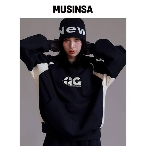 LIKE THE MOST 侧边拼色宽松版连帽卫衣_海军蓝 韩国官网直邮进口