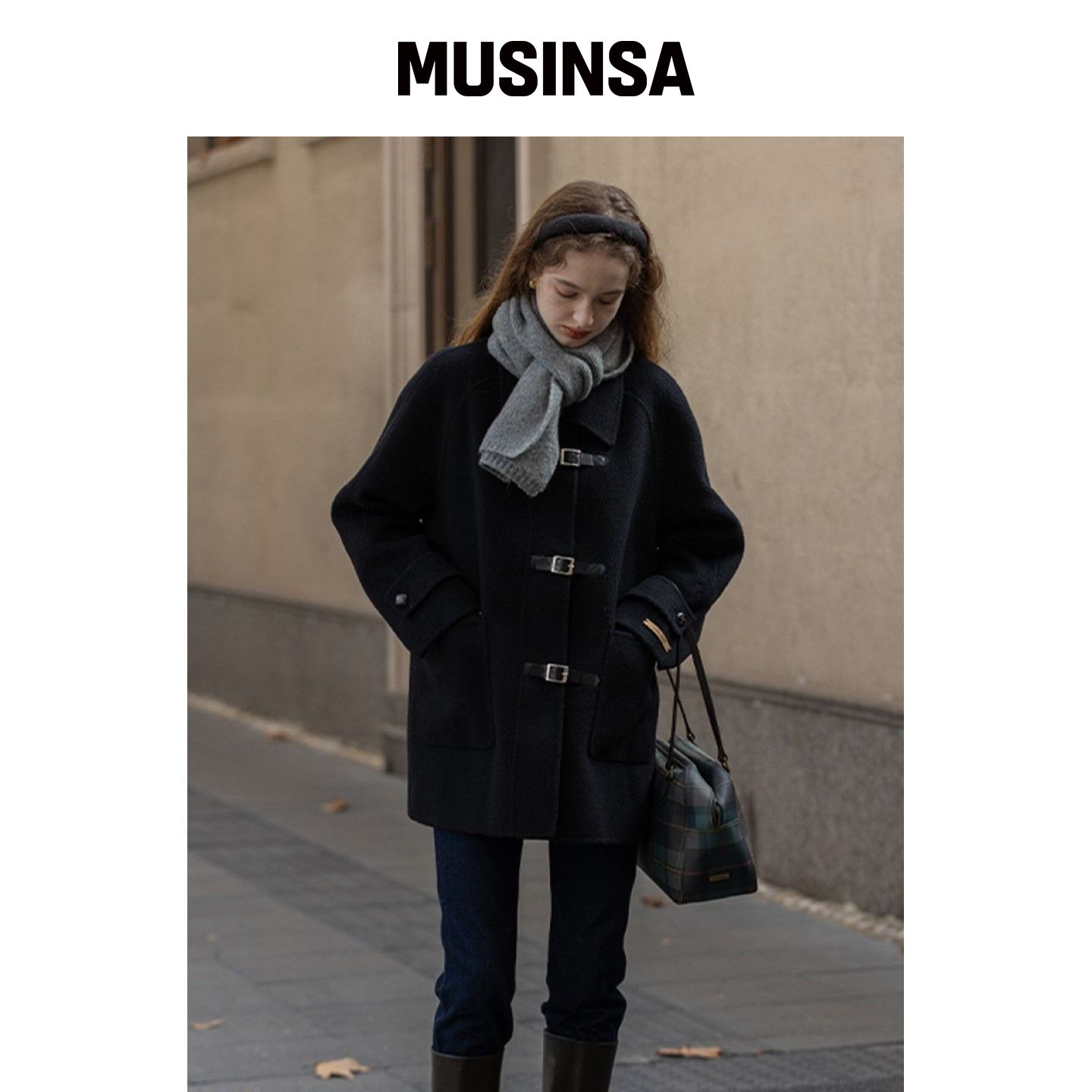 LENINA 修身羊毛搭扣短款大衣黑色外套MUSINSA韩国官网直邮进口