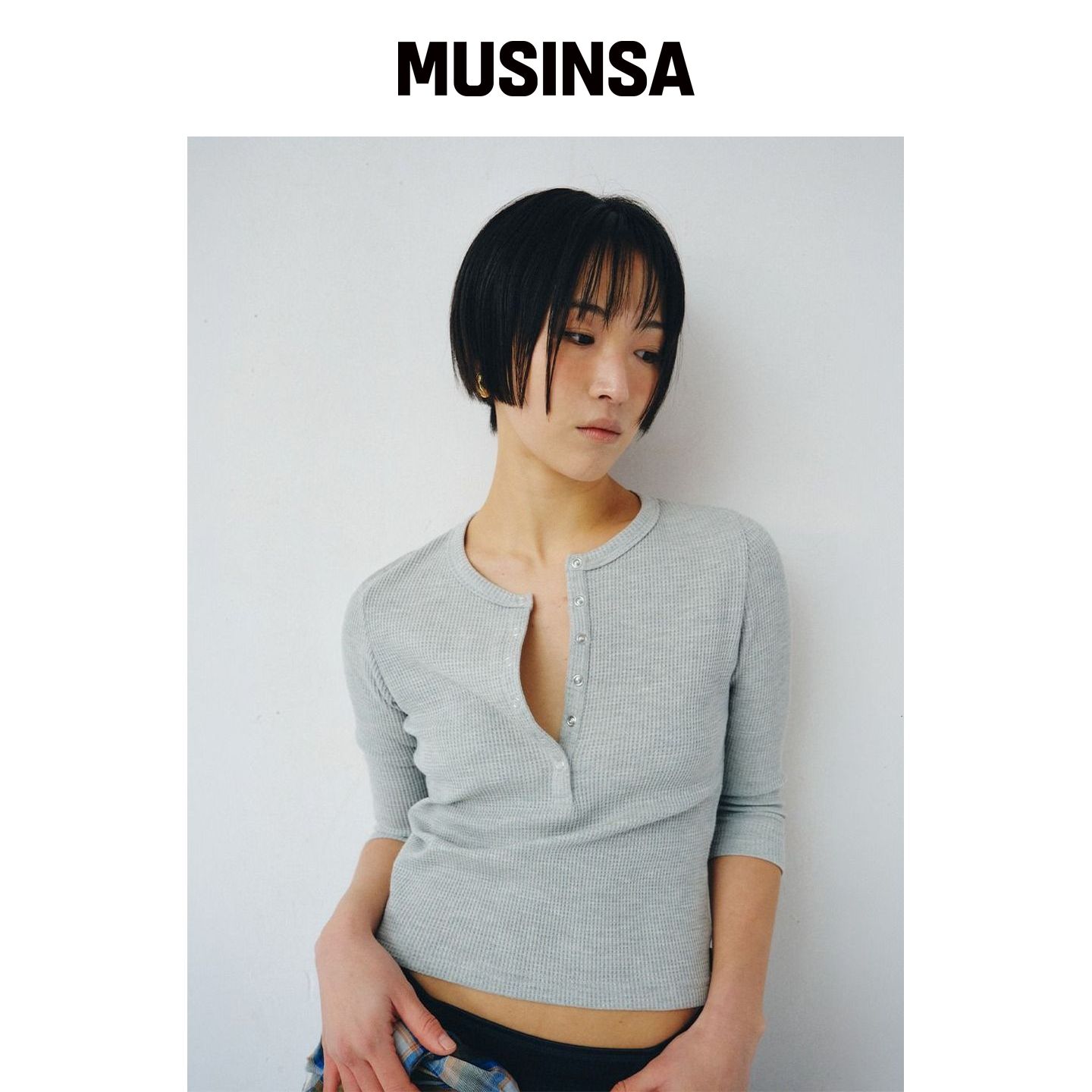 PLZPROJECT 3/4 袖亨利T恤，灰色 MUSINSA韩国官网直邮进口图片