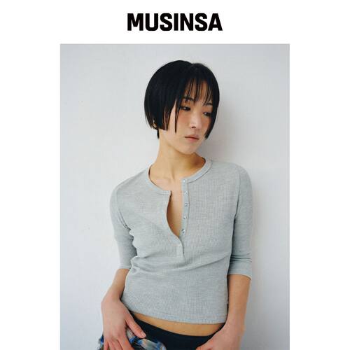 PLZPROJECT 3/4 袖亨利T恤，灰色 MUSINSA韩国官网直邮进口
