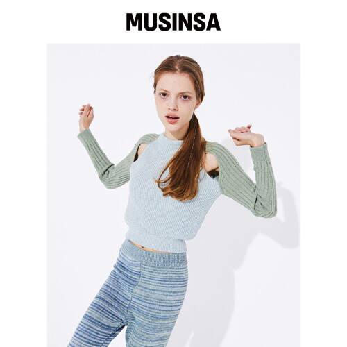 QUAFE SLIT BLENDING KNIT TOP_蓝绿色韩国官网直邮进口MUSINSA