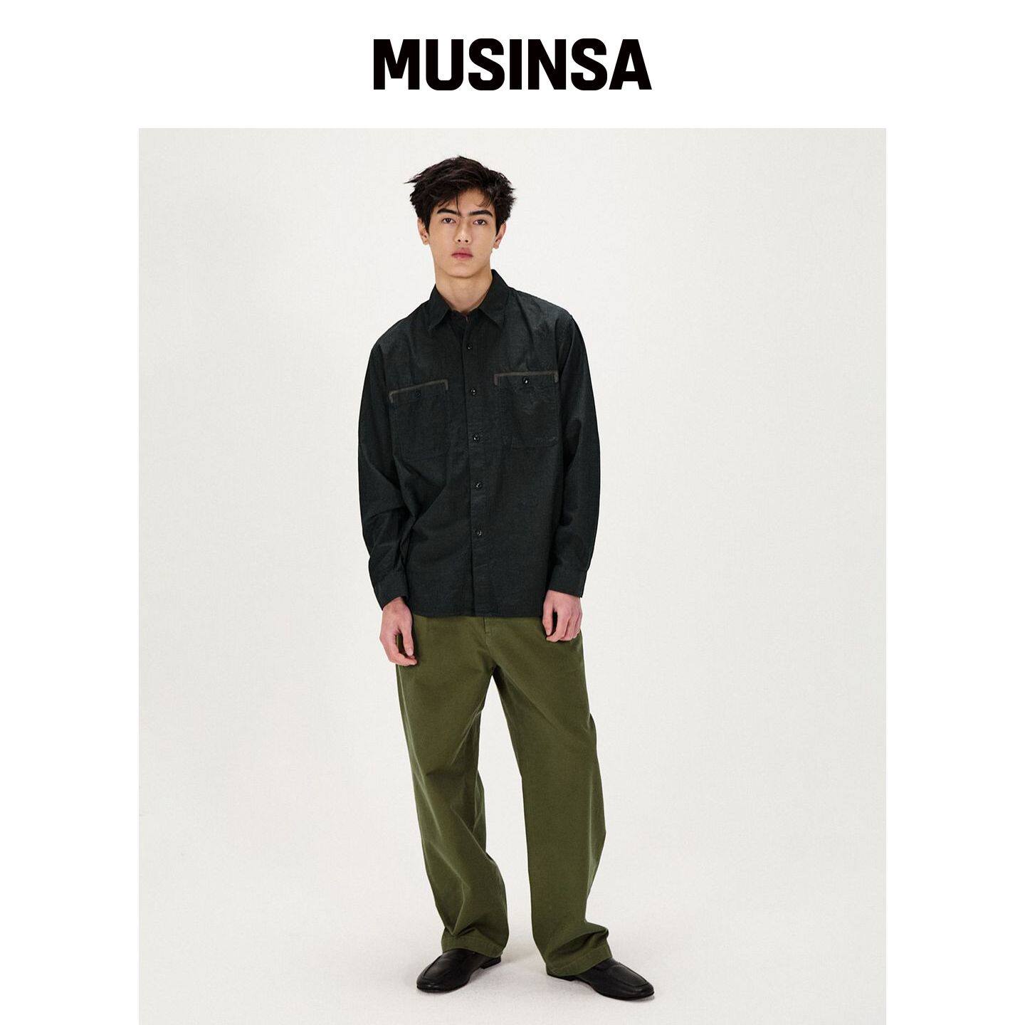 SHIRTER 皮革饰边亚麻混纺衬衫(黑色) MUSINSA韩国官网直邮进口