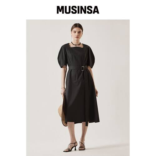 LE YIEL CURVED MIDI DRESS_黑色韩国官网直邮进口MUSINSA