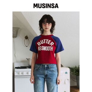 GREENBUTTER 光滑落肩袖T恤（红色/蓝色） MUSIN韩国官网直邮进口