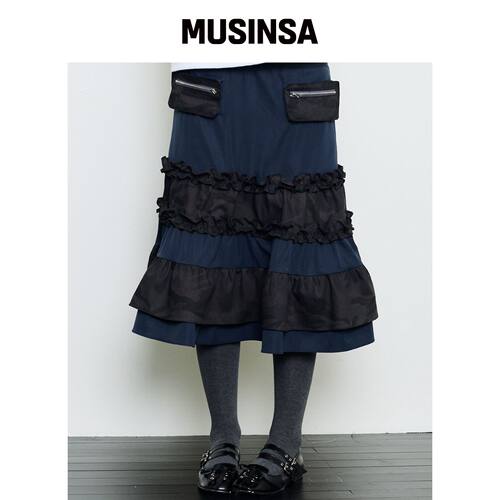 LUVISTRUE 深蓝色裙子蓬蓬木耳边蛋糕裙 MUSINSA韩国官网直邮进口