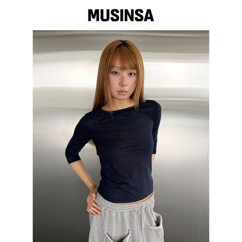 CHICKS 亚麻七分袖 T恤 藏青色 MUSINSA韩国官网直邮进口