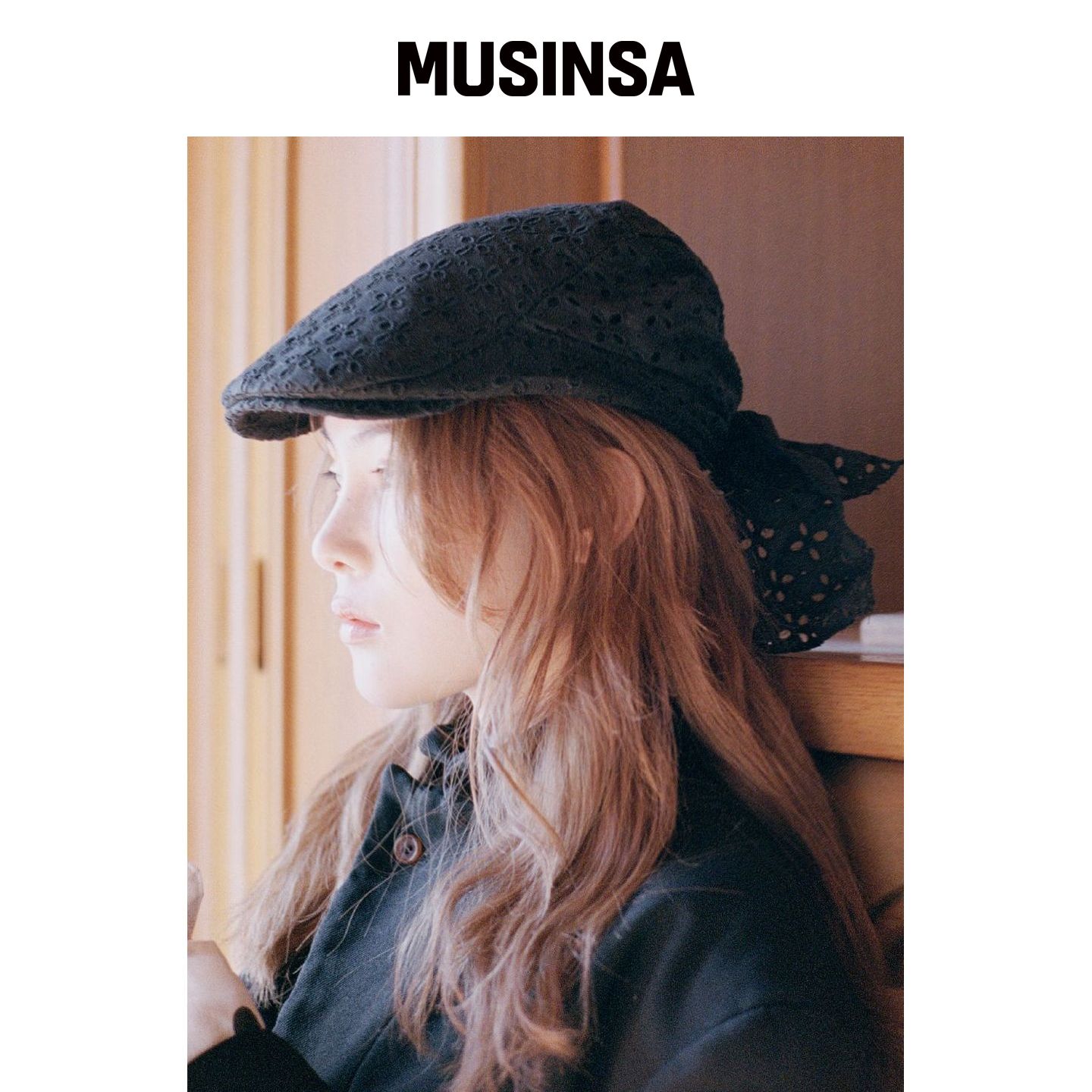 POESIEDAME LACE 黑色蕾丝平顶帽 MUSINSA韩国直邮官方正品
