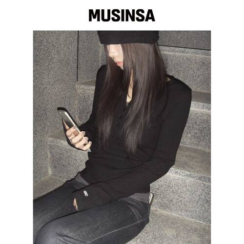 CHICKS 不对称罗纹修身长袖衬衫 黑色 MUSINSA韩国直邮官方正品