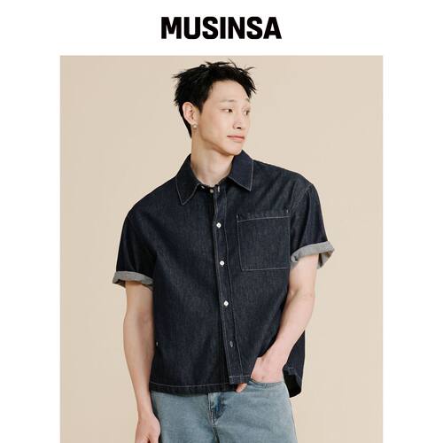 PLAC 不褪色短袖牛仔衬衫 深靛蓝 MUSINSA韩国直邮官方正品