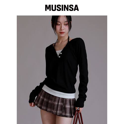 LIKE THE MOST 短袖加领扣层叠T恤_黑色 MUSINSA韩国直邮官方正品