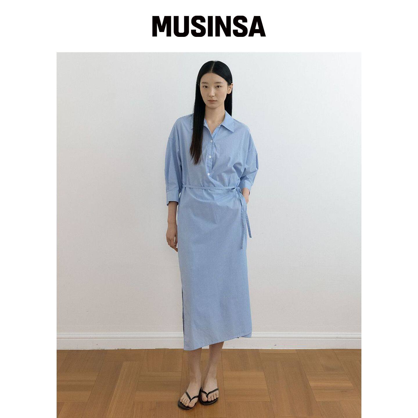 LINGSEOUL 条纹裹身衬衫裙-蓝色 MUSINSA韩国官网直邮进口