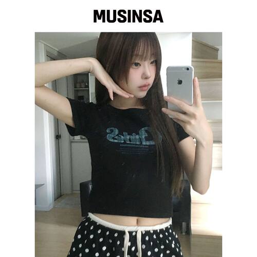 CHICKS 格纹字母修身短袖T恤 黑色 MUSINSA韩国直邮官方正品