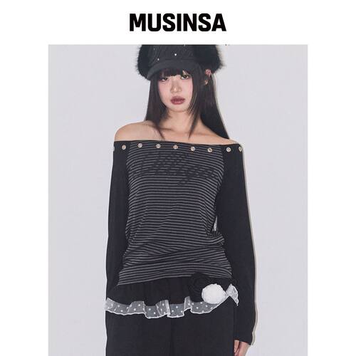 ILLIGO 拉链肩露肩长袖条纹上衣 MUSINSA韩国直邮官方正品