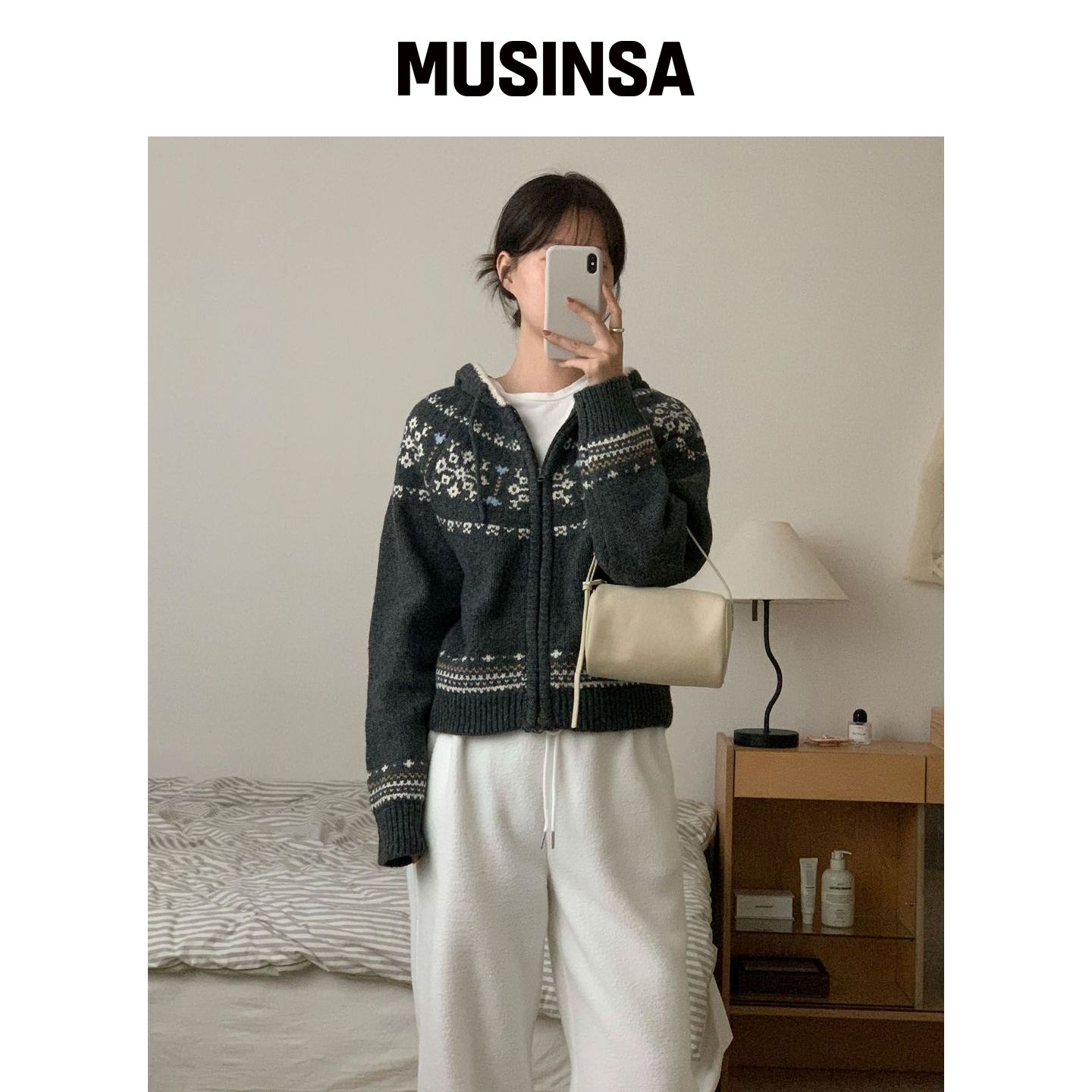 CGP (女款) 北欧图案连帽针织开衫_炭灰色 MUSIN韩国官网直邮进口