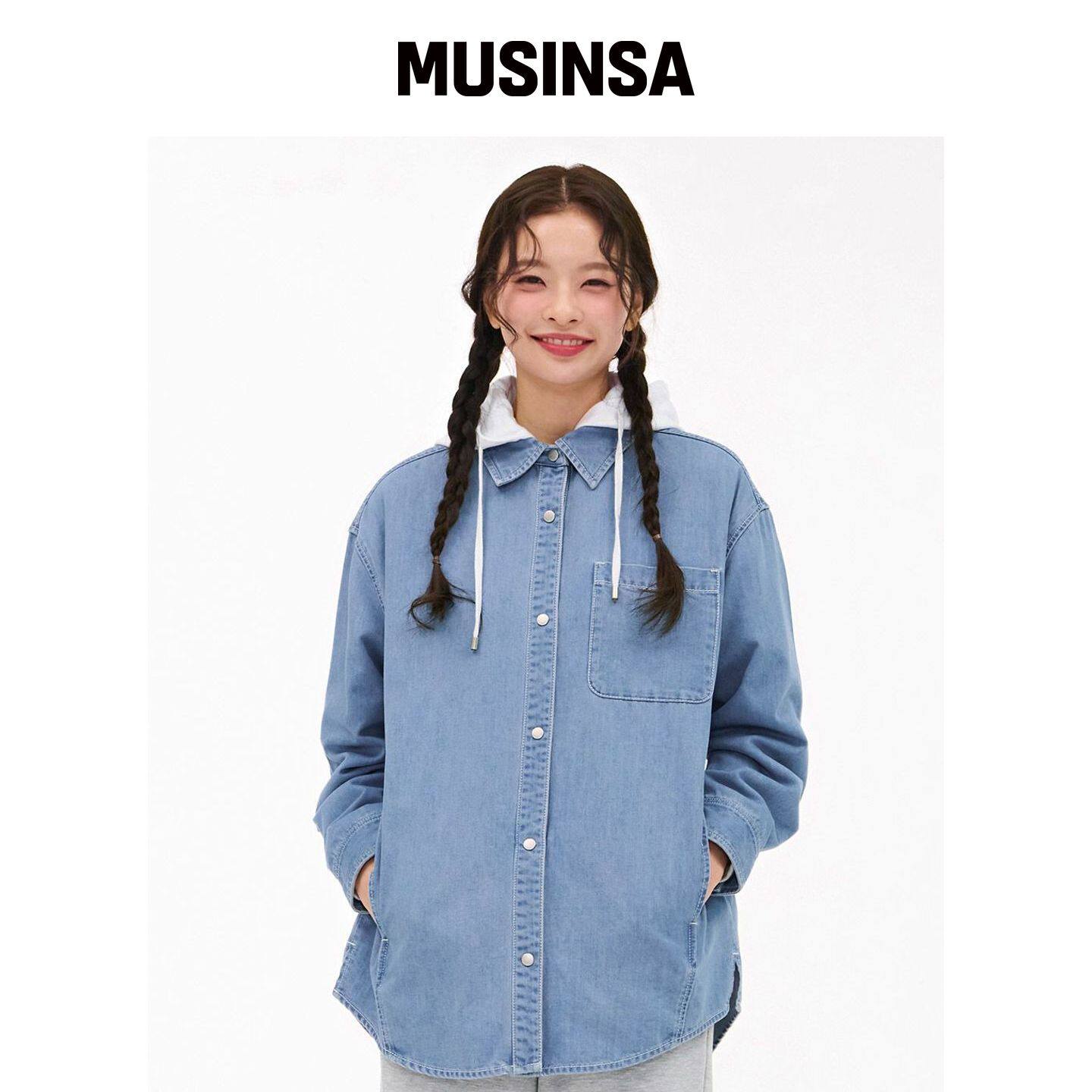CHASECULT 女性连帽长款牛仔衬衫-天蓝色 MUSINS韩国官网直邮进口