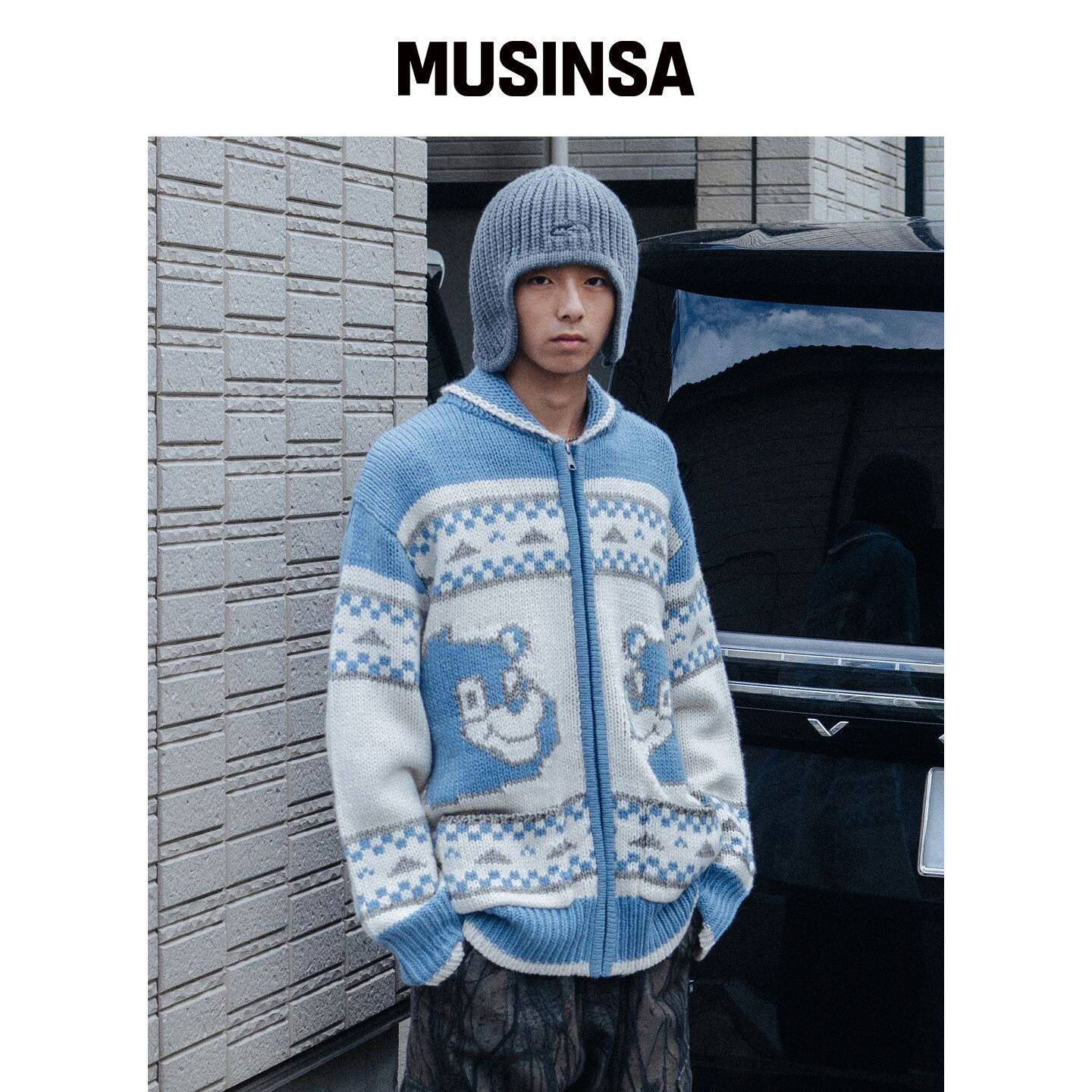 LMC BEAR 拉链开衫牛津针织毛衣 灰蓝色 MUSINSA韩国官网直邮进口