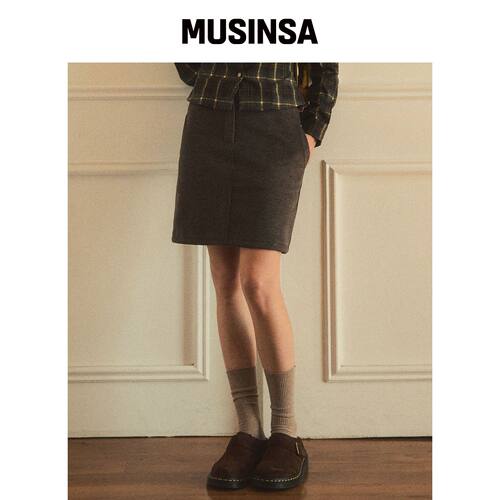 OURNOSTALGIA 经典条纹中长裙_Hazelnut MUSINSA韩国官网直邮进口