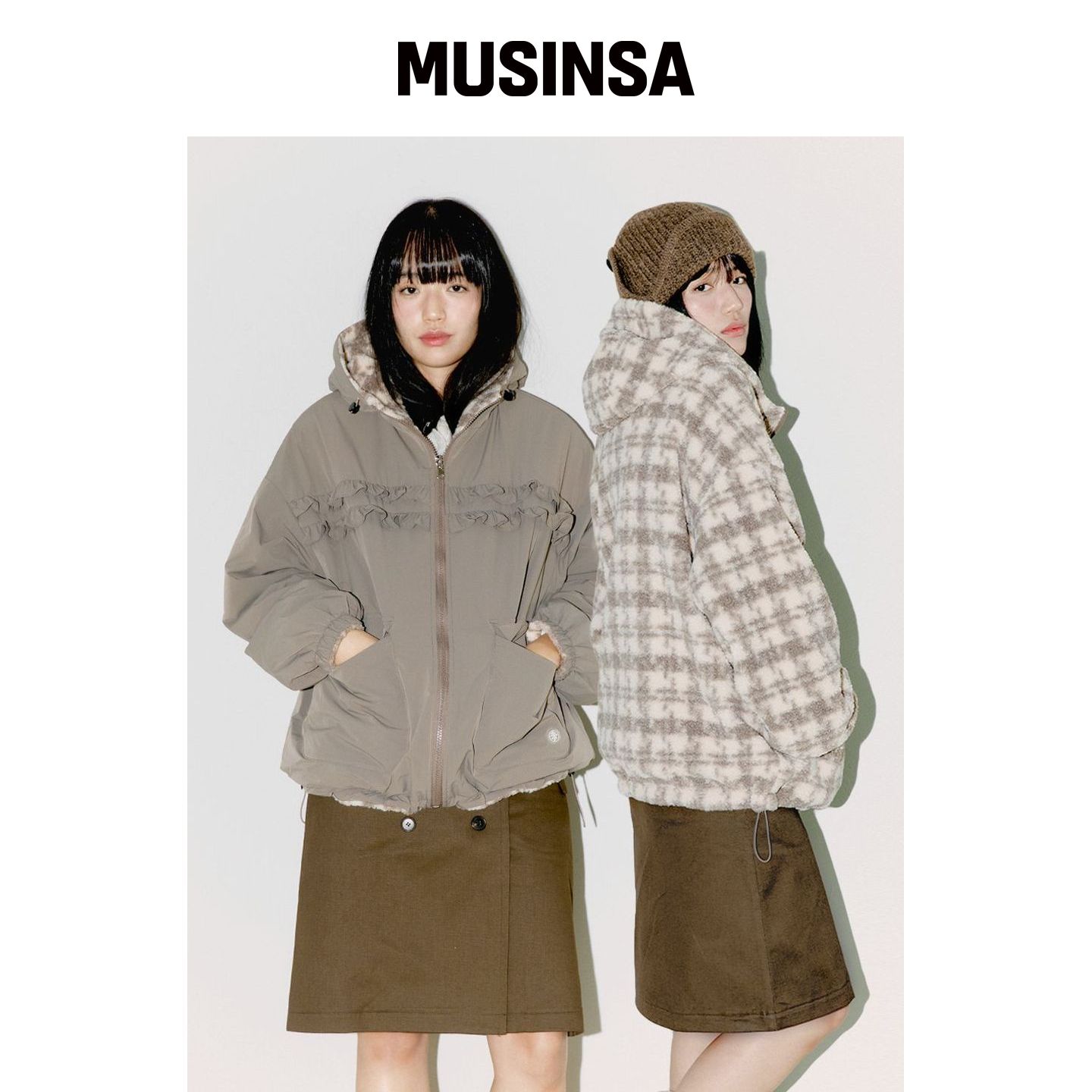 OAFISH 可翻转荷叶边连帽外套,米色/格纹 MUSIN韩国官网直邮进口