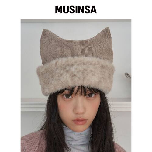 POESIEDAME 虎斑毛绒猫咪针织帽（柔和米色） MU韩国官网直邮进口