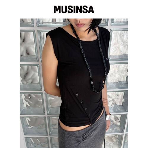 CHICKS 船领不对称扣褶短袖黑色 MUSINSA韩国直邮官方正品
