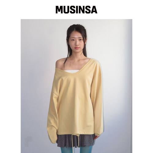 FUNFROMFUN 深V领T恤，芥末色 MUSINSA韩国官网直邮进口
