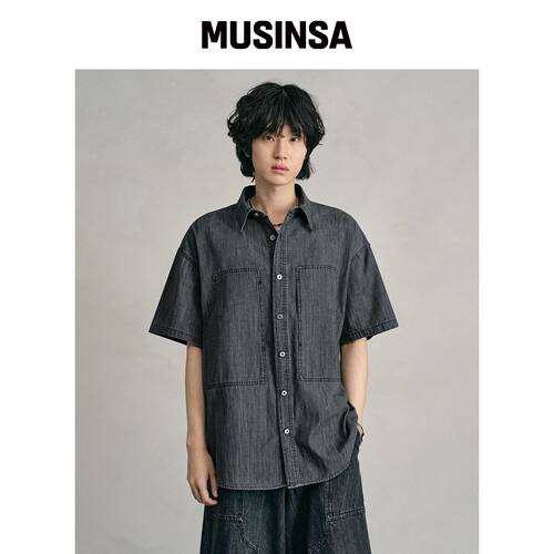 DECET 牛仔工装短袖衬衫 DCSH011 黑色 MUSINSA韩国直邮官方正品