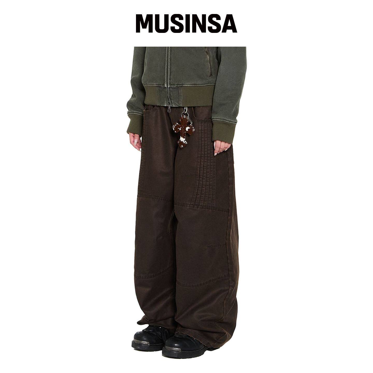 AAKAM 膝部拼接水洗皮裤（棕色） MUSINSA韩国官网直邮进口