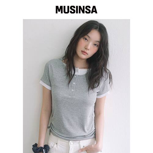 HAVISM DOUBLE HENLEY NECK 短袖T恤（灰色）韩国官网直邮进口