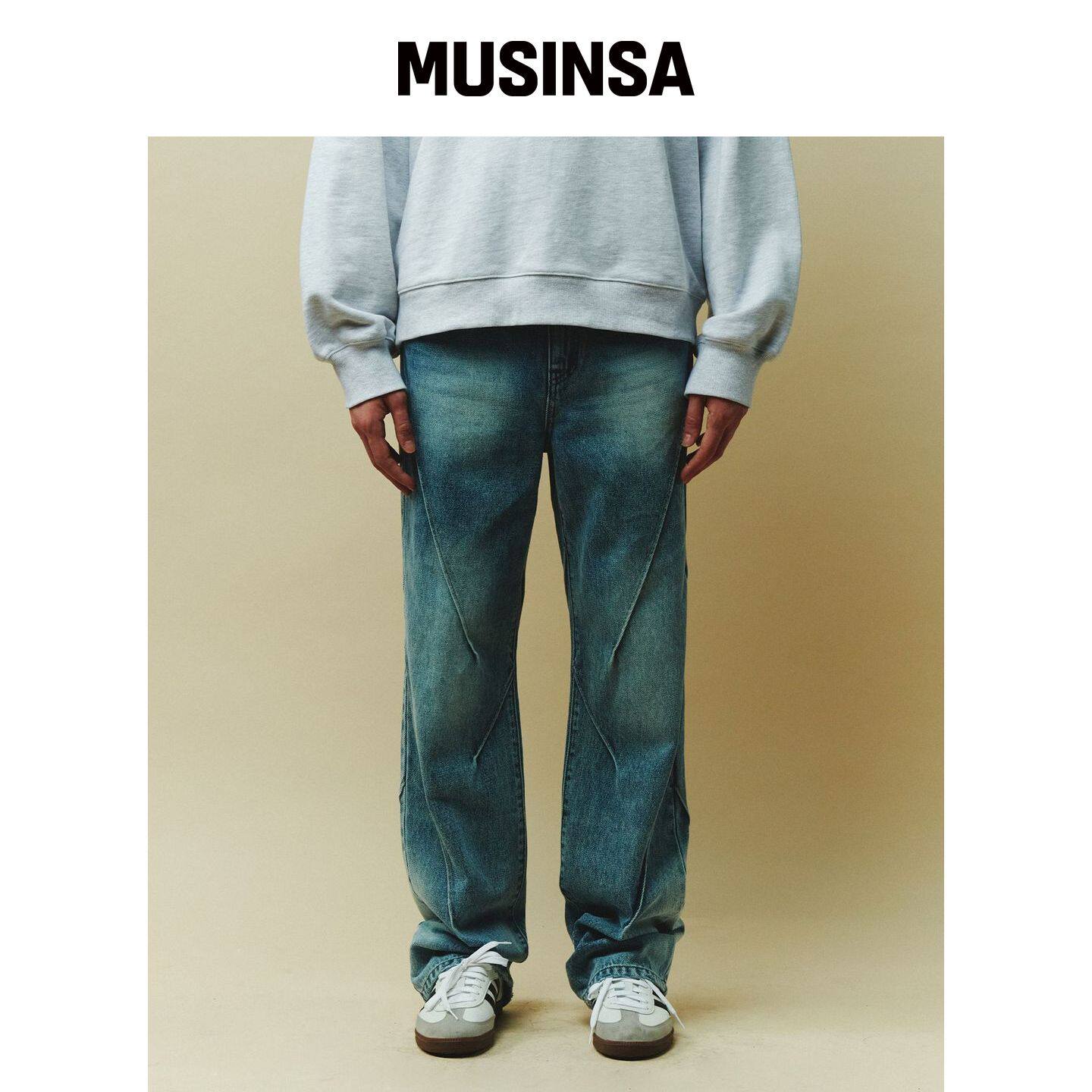 PLAC 褶裥直筒牛仔裤 M50 中蓝 MUSINSA韩国官网直邮进口