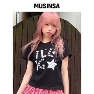 ILLIGO 格纹贴布宽松 cropped T恤 黑色韩国官网直邮进口MUSINSA