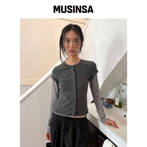 DIAGONAL 双袖破损开衫 (灰色) MUSINSA韩国官网直邮进口
