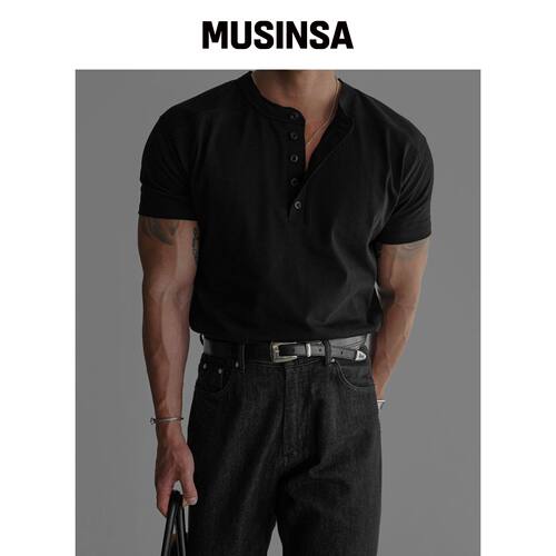BOWLOW PRODUCT 面板亨利领T恤 [黑色] MUSINSA韩国直邮官方正品